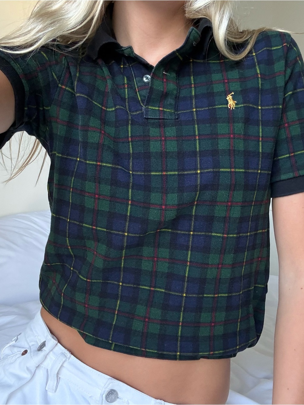 Polo by Ralph Lauren Navy & Green Plaid Polo with Gold Pony